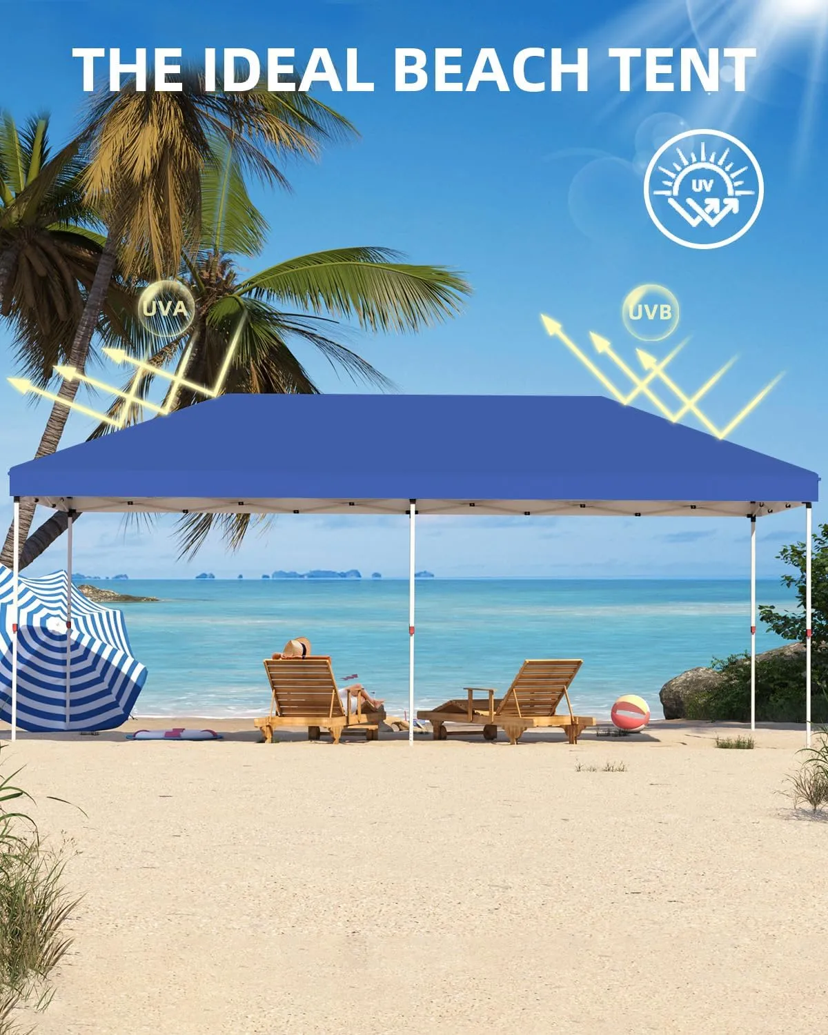 10x20 Pop Up Canopy - Easy Up Camping Tent with One Roller Bag, 3 Adjustable Height, 4 Weight Bags for Deck, Garden, Sports, Beach, Party - Blue