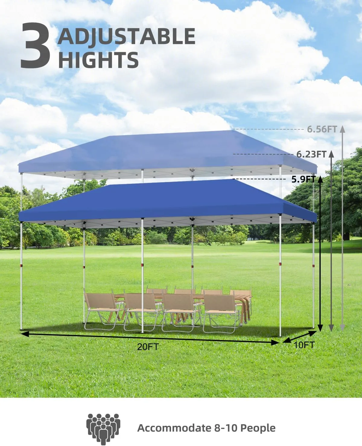 10x20 Pop Up Canopy - Easy Up Camping Tent with One Roller Bag, 3 Adjustable Height, 4 Weight Bags for Deck, Garden, Sports, Beach, Party - Blue