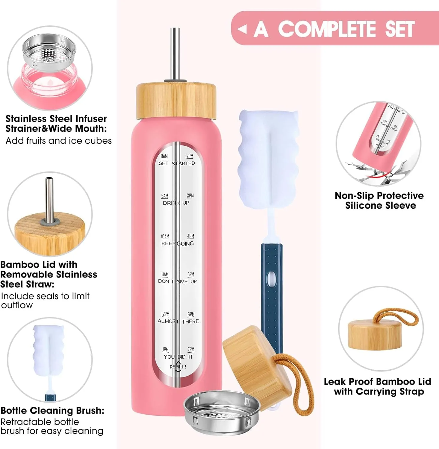 32 oz Glass Water Bottle with Straw - Motivational Time Marker & Silicone Sleeve - Reusable Tumbler Includes 2 Bamboo Lids & Fruit Infuser - 1 Pack