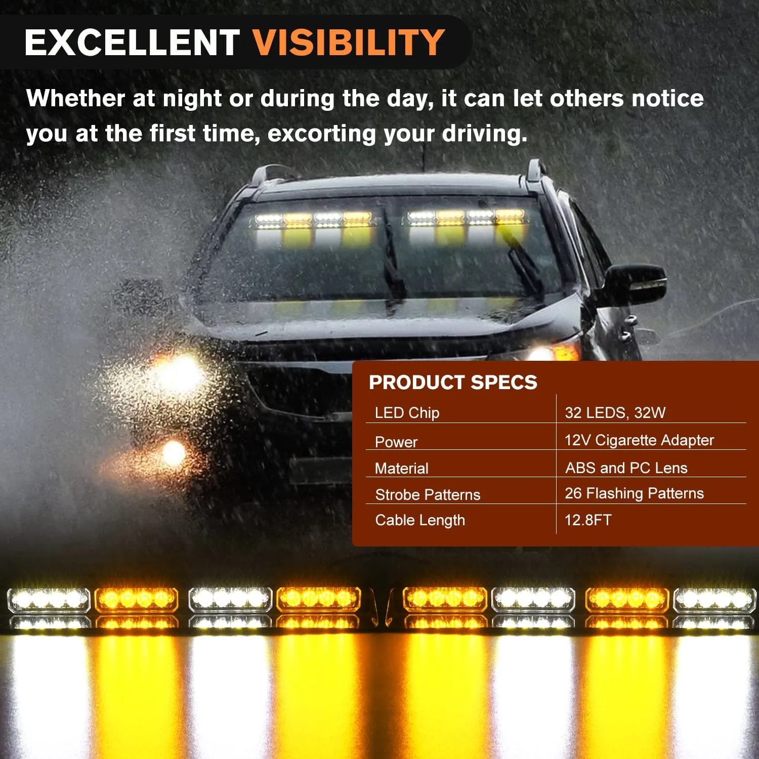 32LED Amber White Emergency Dash Strobe Lights with Controller Suction Cups