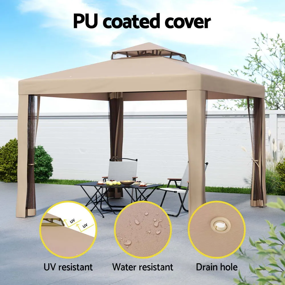 3x3m Gazebo Marquee Wedding Party Tent Outdoor Camping Mesh Wall Canopy Shade Brown