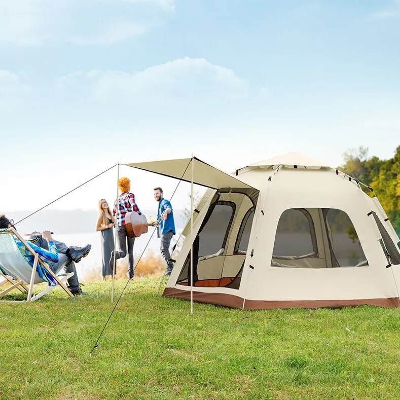 5-8 Person Square Camping Tent | Double-Layer | Silver Coated Waterproof Shelter | With Awning | 240240155cm
