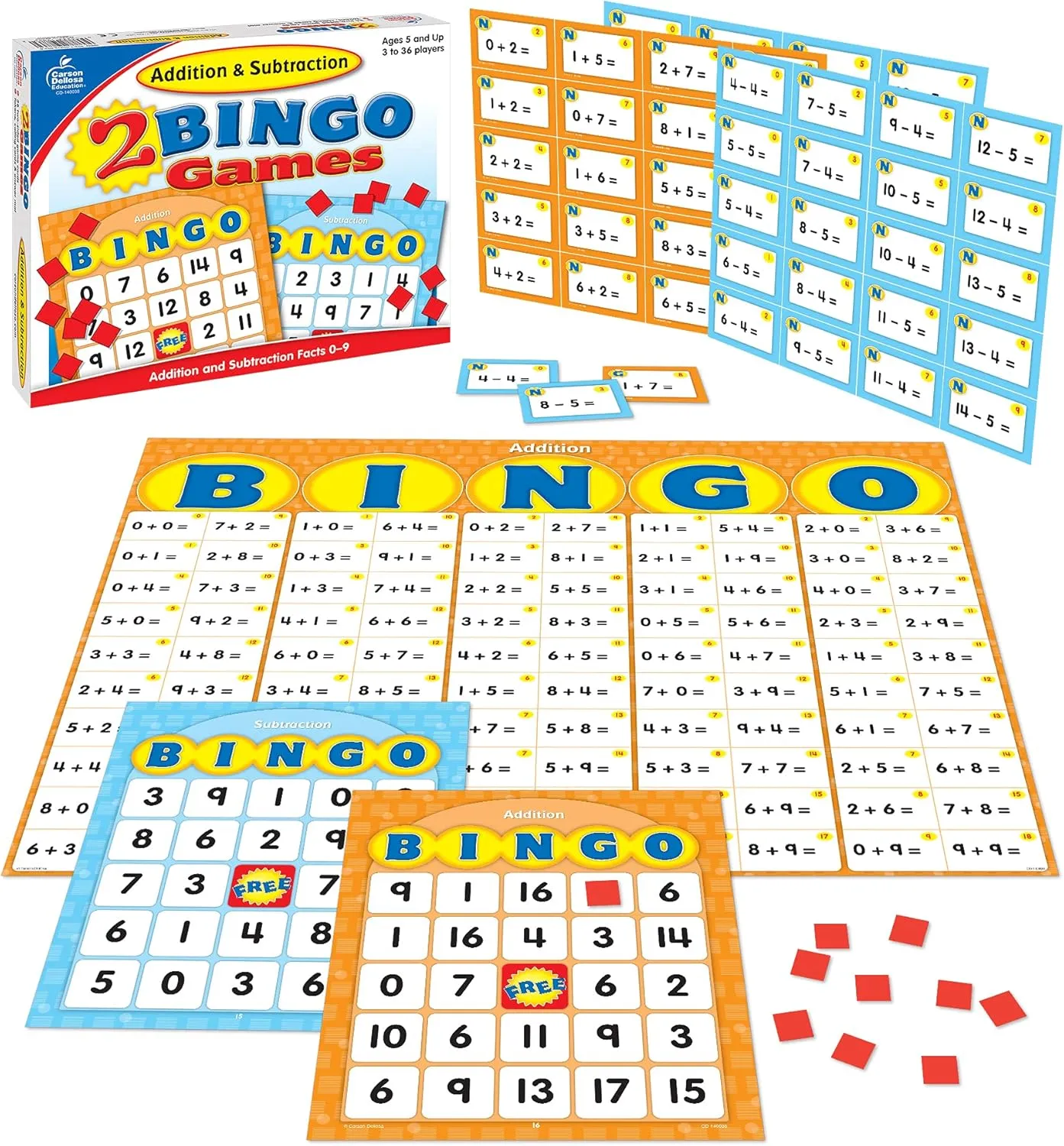 Carson Dellosa Addition and Subtraction Bingo Board Games, Adding and Subtracting Math Facts for Kids Ages 5 , Kindergarten Learning Activities, 3-36 Players