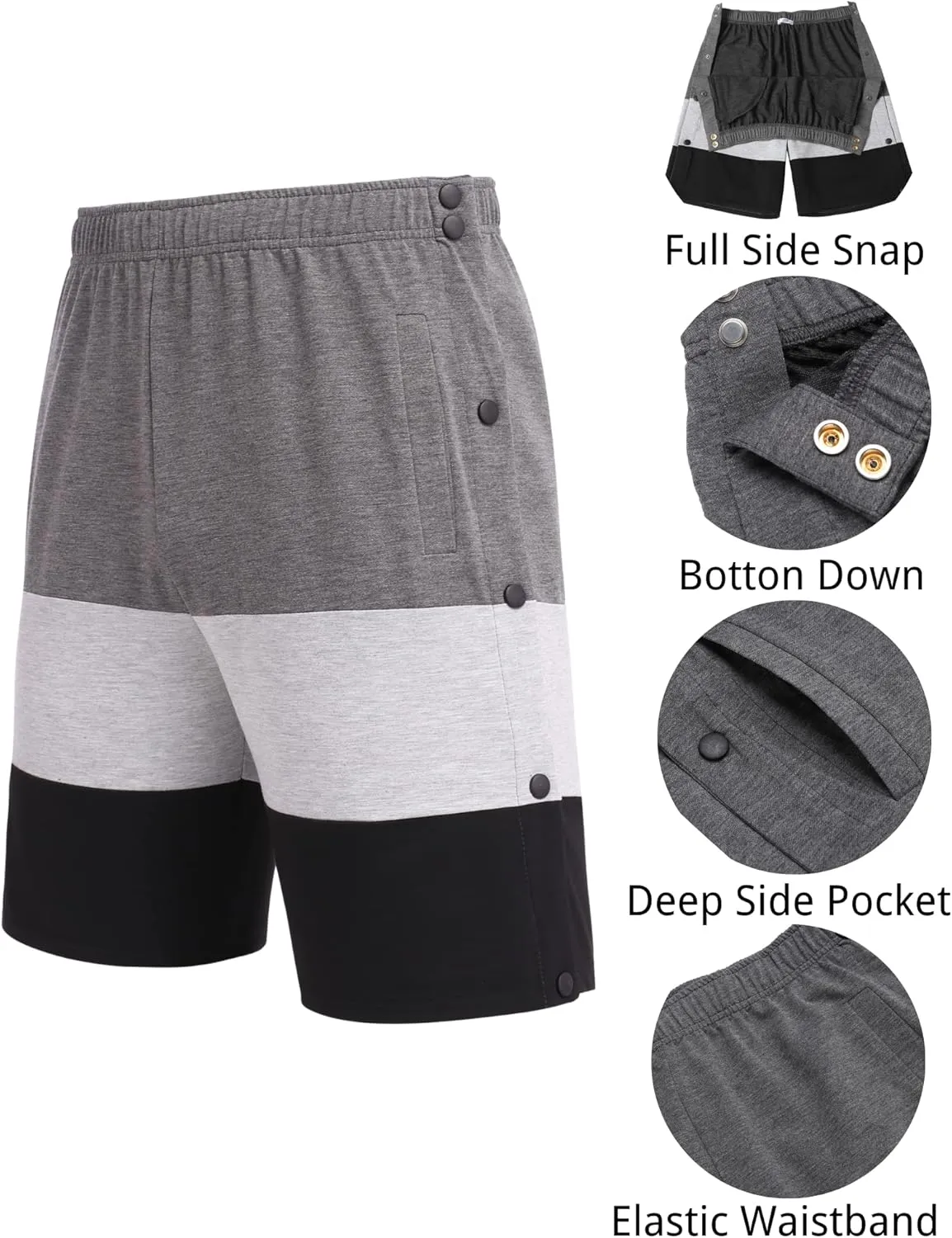Deyeek Mens Tear Away Shorts Post Surgery Recovery Side Snap Shorts Color Block Cotton Break Away Pants with Pockets