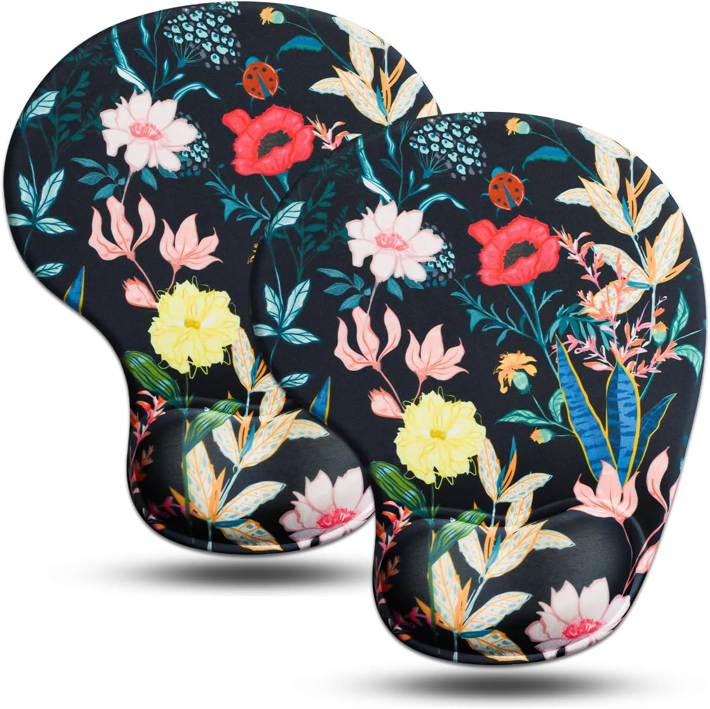 JIKIOU Mouse Pad, 2 Pack Ergonomic Mouse Pads with Comfortable Gel Wrist Rest Support and Lycra Cloth, Non-Slip PU Base for Easy Typing Pain Relief Durable and Easy to Clean Small Black Flowers