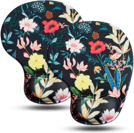 JIKIOU Mouse Pad, 2 Pack Ergonomic Mouse Pads with Comfortable Gel Wrist Rest Support and Lycra Cloth, Non-Slip PU Base for Easy Typing Pain Relief Durable and Easy to Clean Small Black Flowers