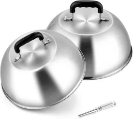 Joyfair Cheese Melting Dome Set of 2(12 inch), Large Stainless Steel Basting Cover for Griddle, Flat Top Grill Tools for Outdoor BBQ Grilling Teppanyaki Cooking Steaming, Dishwasher Safe (No Vent)