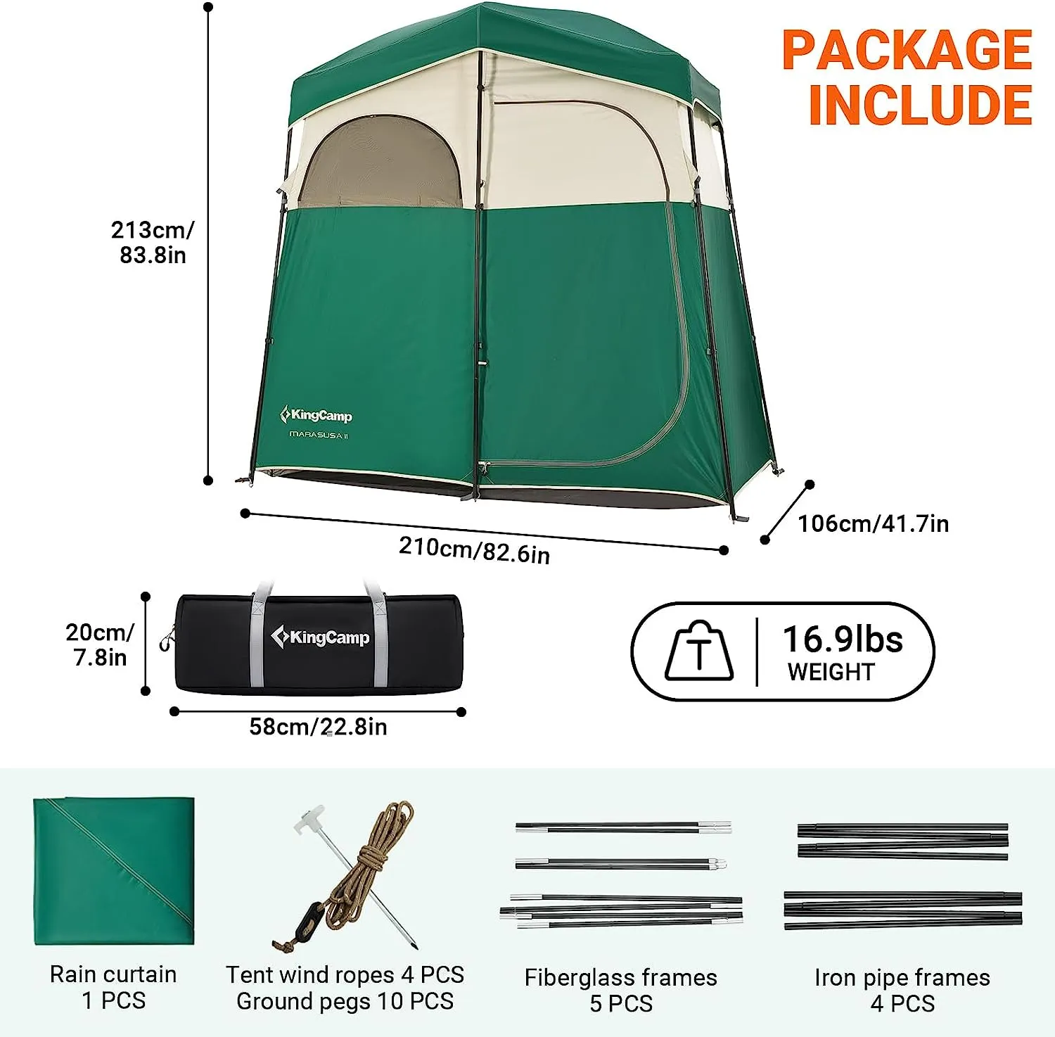 KingCamp Double Room Shower Tent with Solar Shower Set