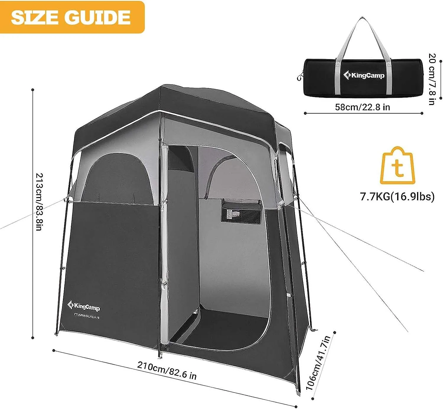 KingCamp Double Room Shower Tent with Solar Shower Set