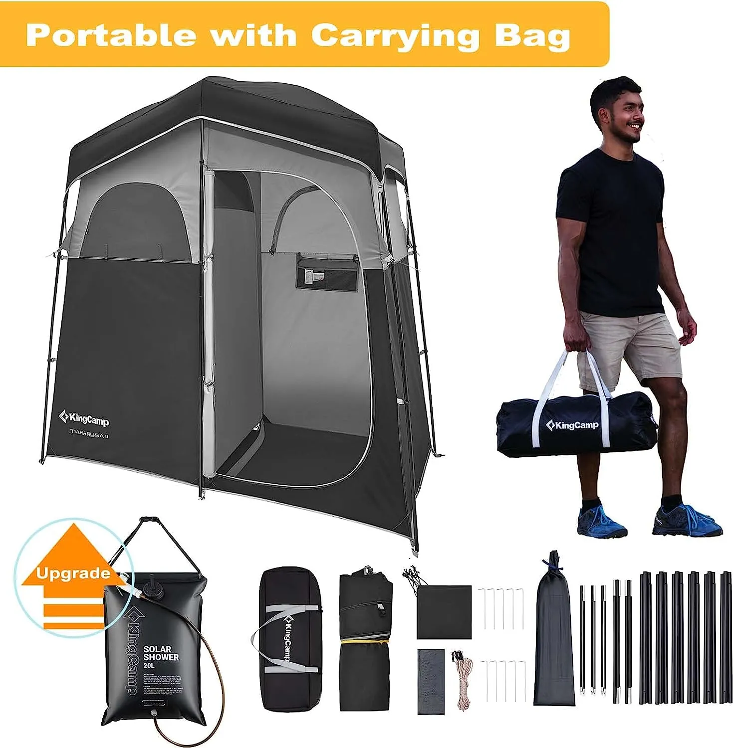KingCamp Double Room Shower Tent with Solar Shower Set