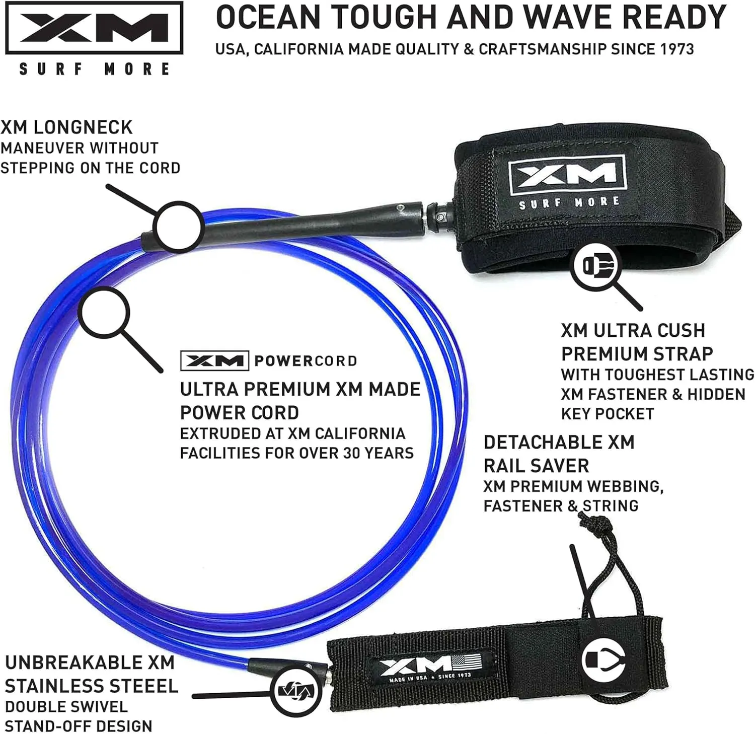 Longneck Surfboard Leash 8ft-10ft, COMP Cord Thickness (.220in), Ideal for Longboards, Maneuver Without Stepping on Cord, Key Pocket, Unbreakable Swivel, Detachable Railsaver, Made in USA