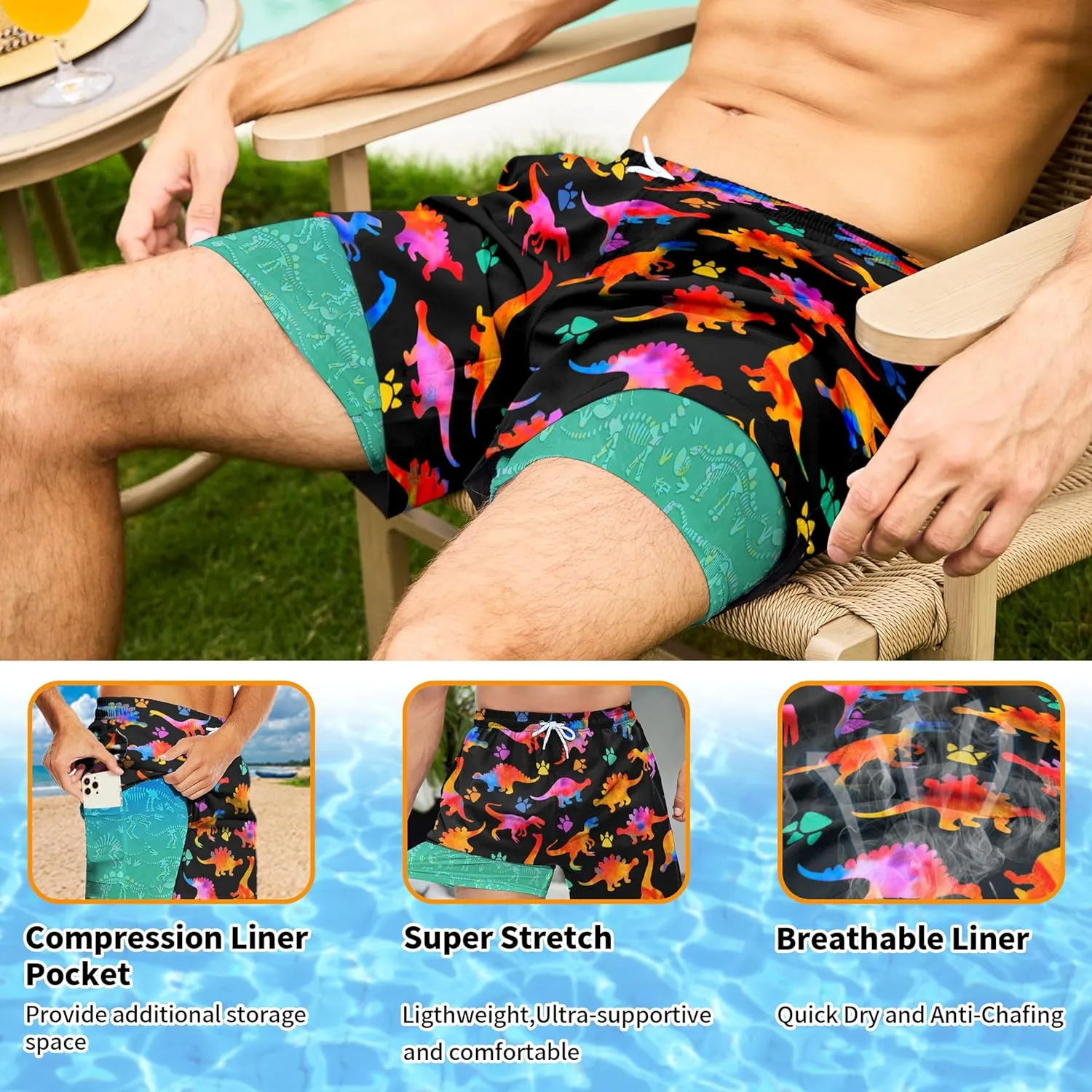 Mens Swim Trunks with Compression Liner 5 Inseam Quick Dry Swimwear Bathing Suit Swimming Board Shorts with 4 Pocket