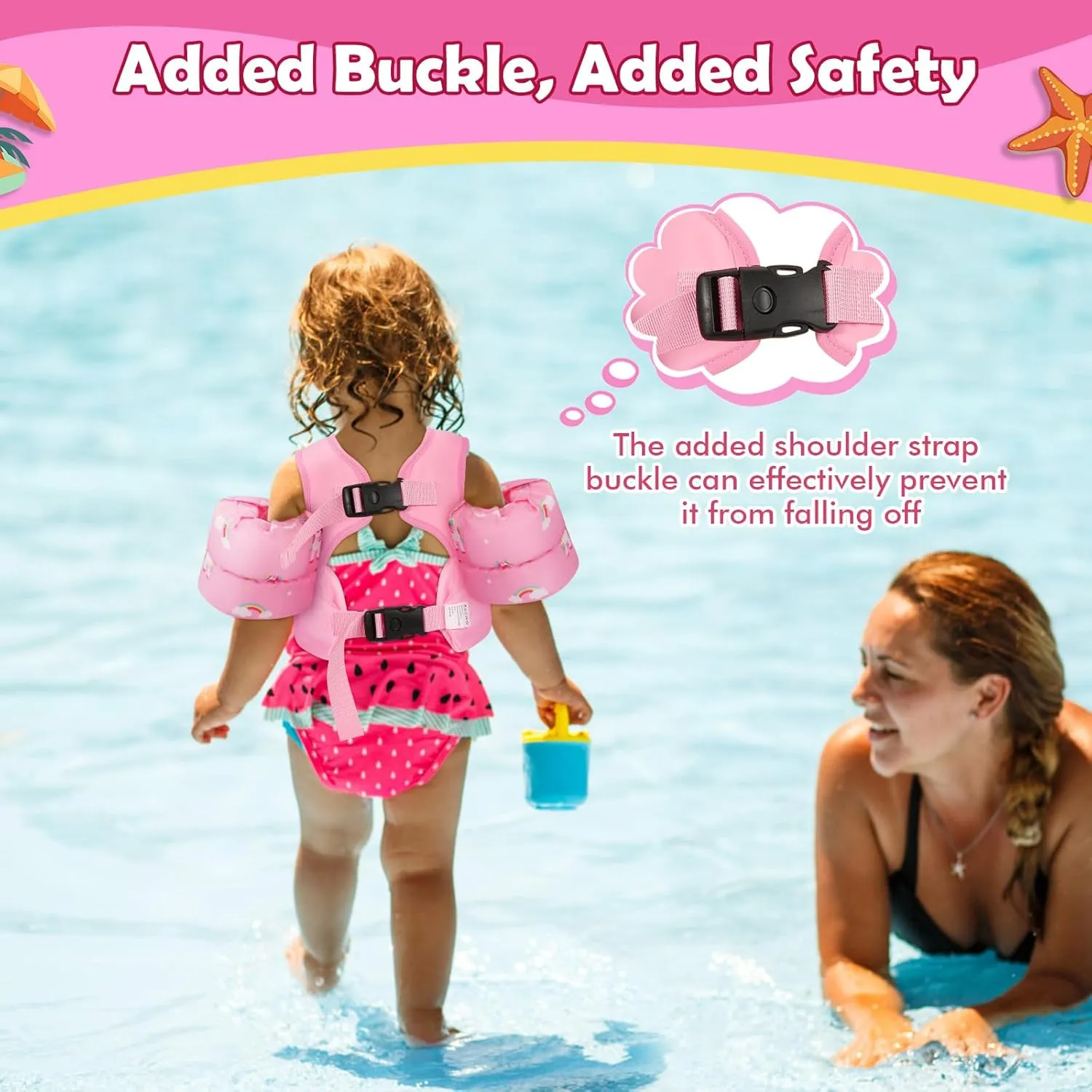 MoKo Toddler Swim Vest for Kids, Swim Arm Floaties 13-70lbs Cartoon Swimming Water Wings Pool Float Vests Sleeves Shoulder Straps Arm Band for Children Learn to Swim
