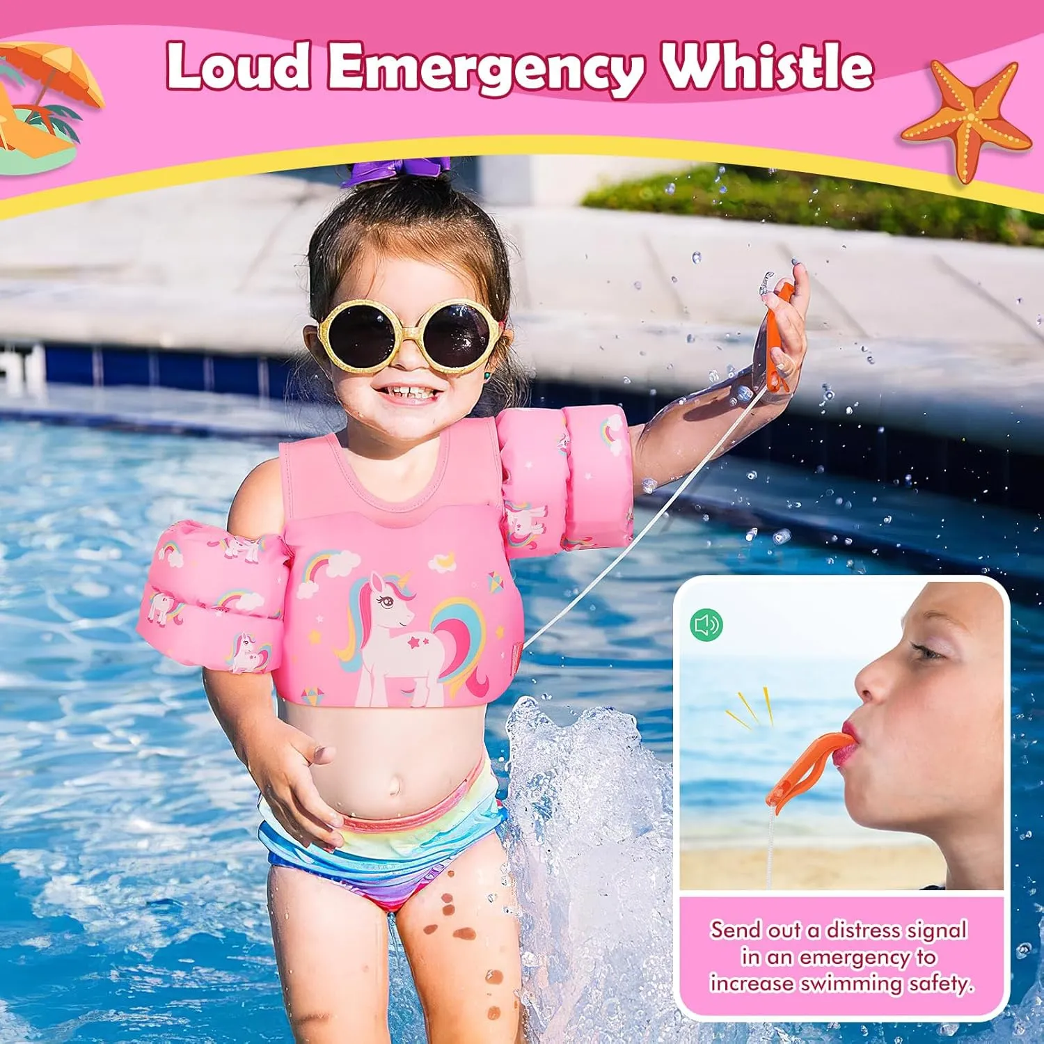 MoKo Toddler Swim Vest for Kids, Swim Arm Floaties 13-70lbs Cartoon Swimming Water Wings Pool Float Vests Sleeves Shoulder Straps Arm Band for Children Learn to Swim