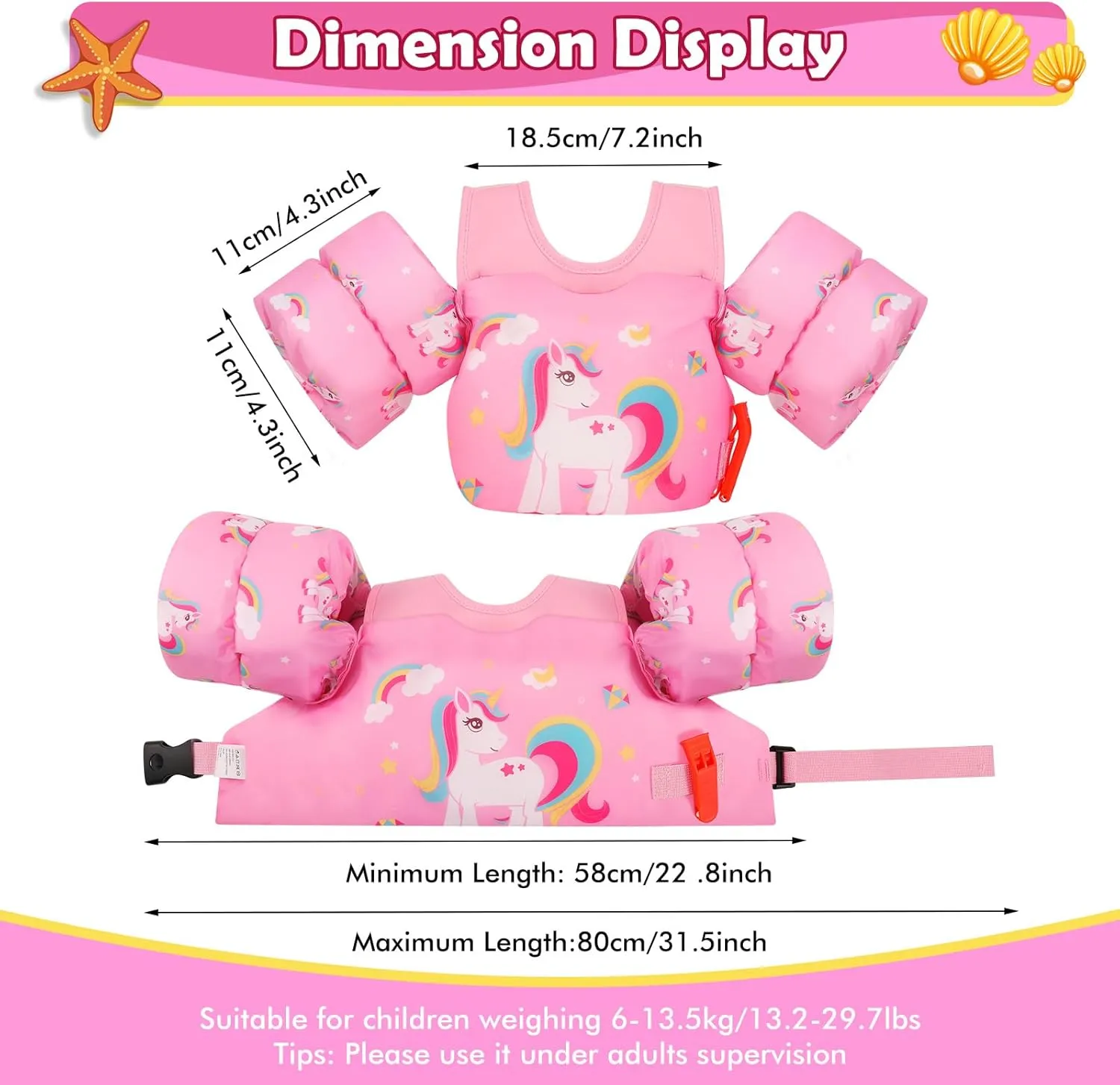 MoKo Toddler Swim Vest for Kids, Swim Arm Floaties 13-70lbs Cartoon Swimming Water Wings Pool Float Vests Sleeves Shoulder Straps Arm Band for Children Learn to Swim