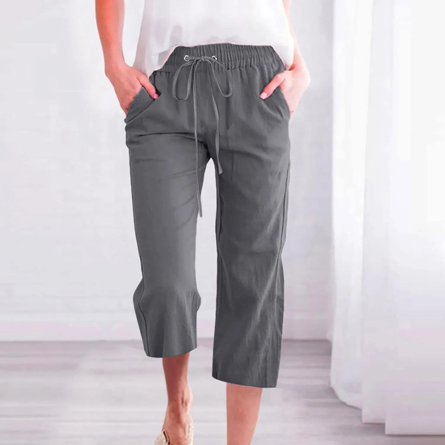 RKSTN Summer Capri Pants for Women Casual Cotton Linen Pants Straight Leg Vacation Beach Crop Pant with Pockets